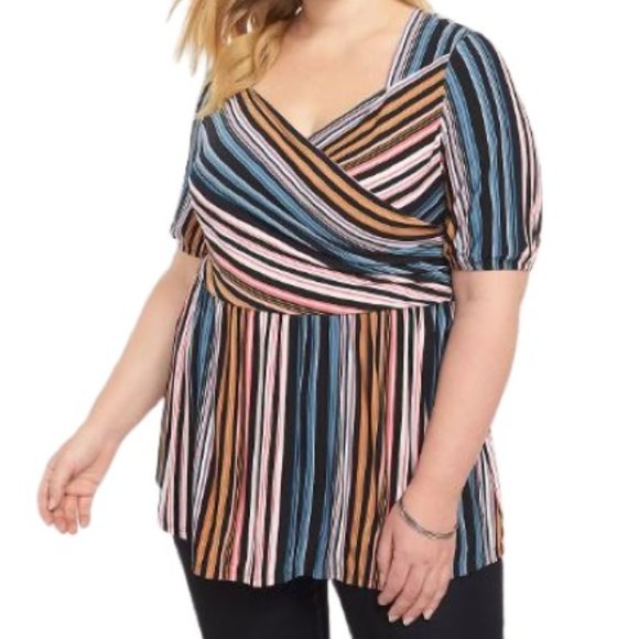 Lane Bryant Womens Faux Wrap Top Mutlicolor Striped Jersey Knit Plus 14/16 New - Picture 1 of 4